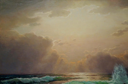 Dramatic oil painting of turbulent waves beating shore by K. Conradx