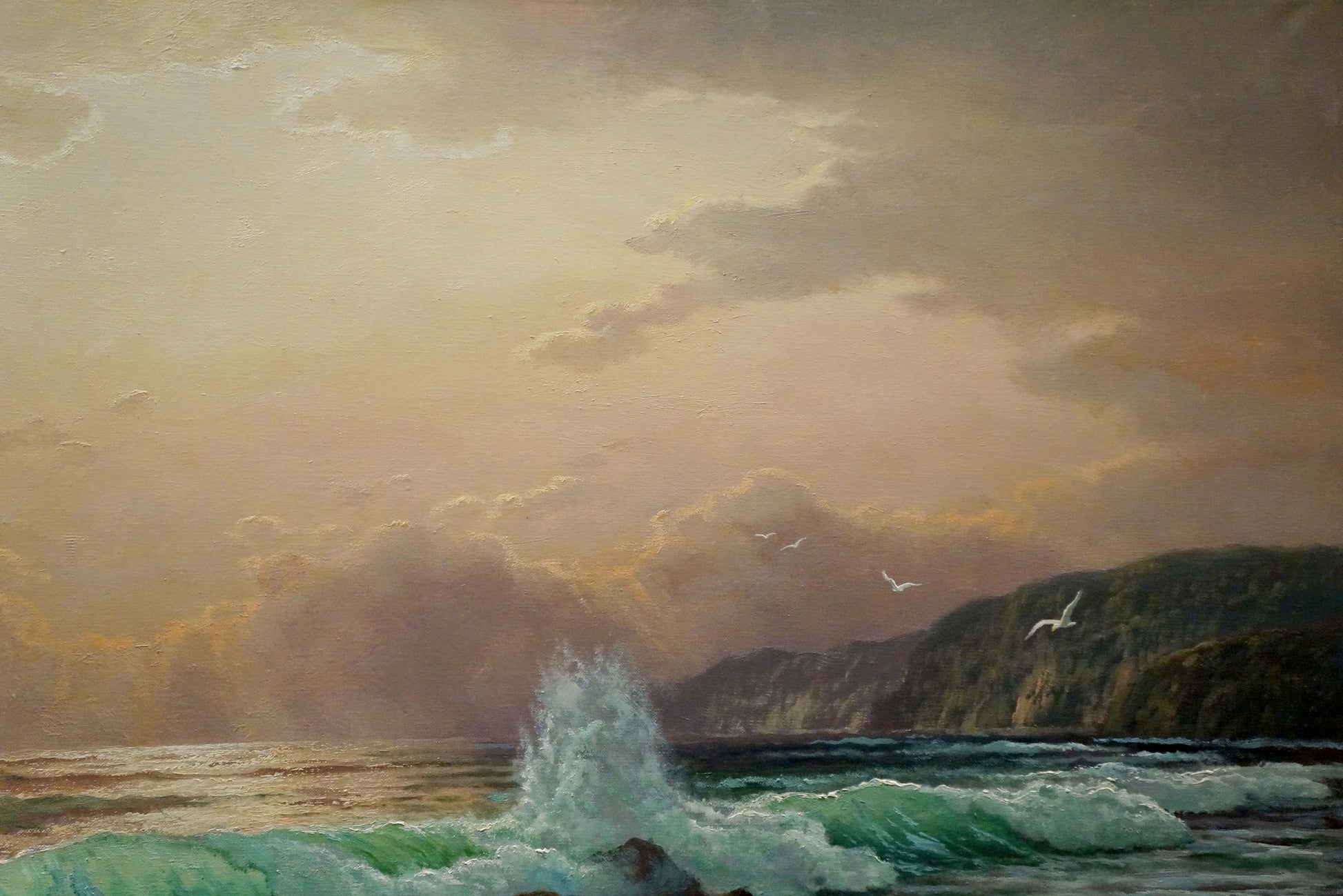 Oil painting of dramatic waves crashing on rocky shore by K. Conradx