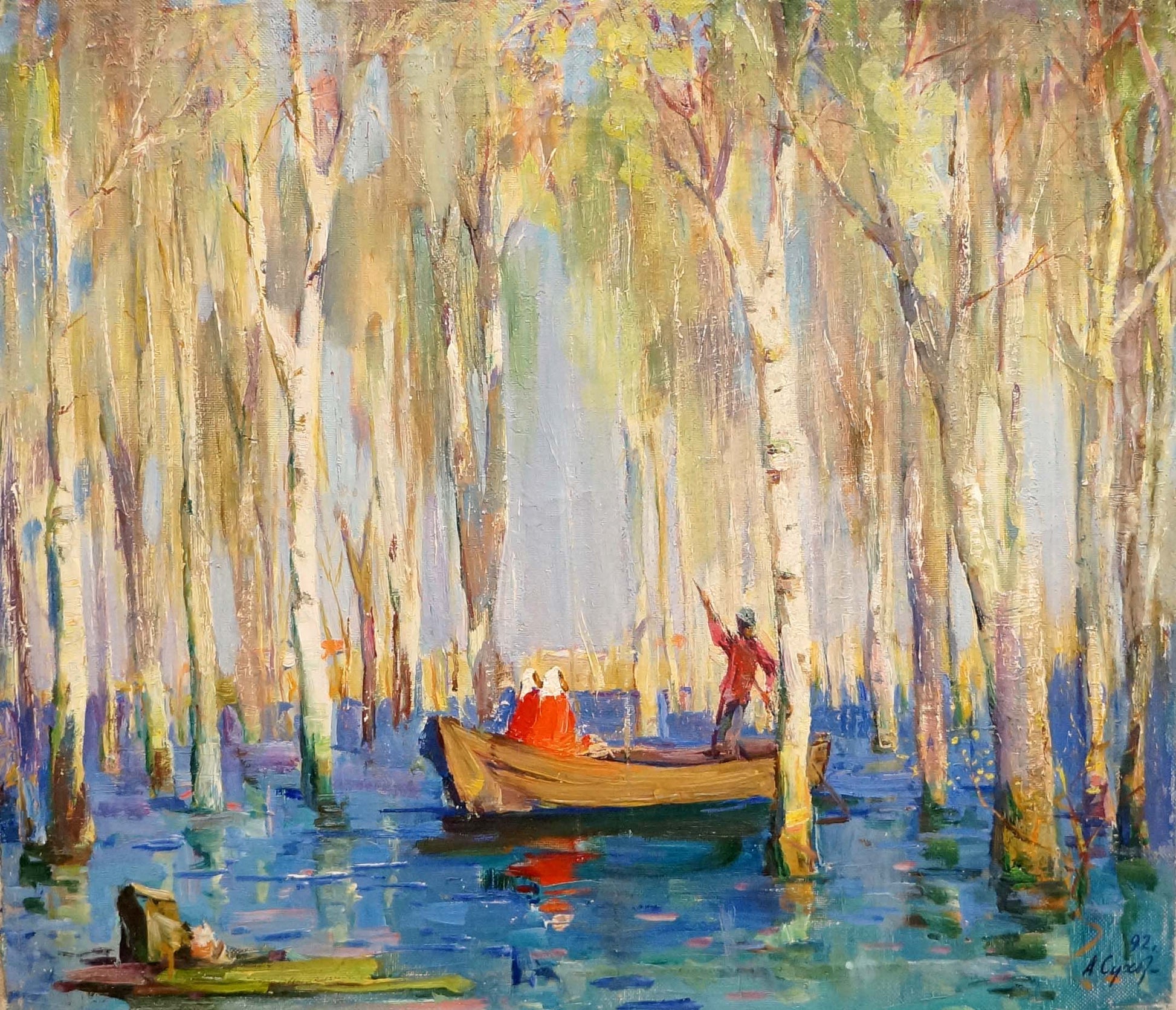 Oil painting by Sukhorukikh Anatoly Ivanovich: rowboat with two people, one pointing upward