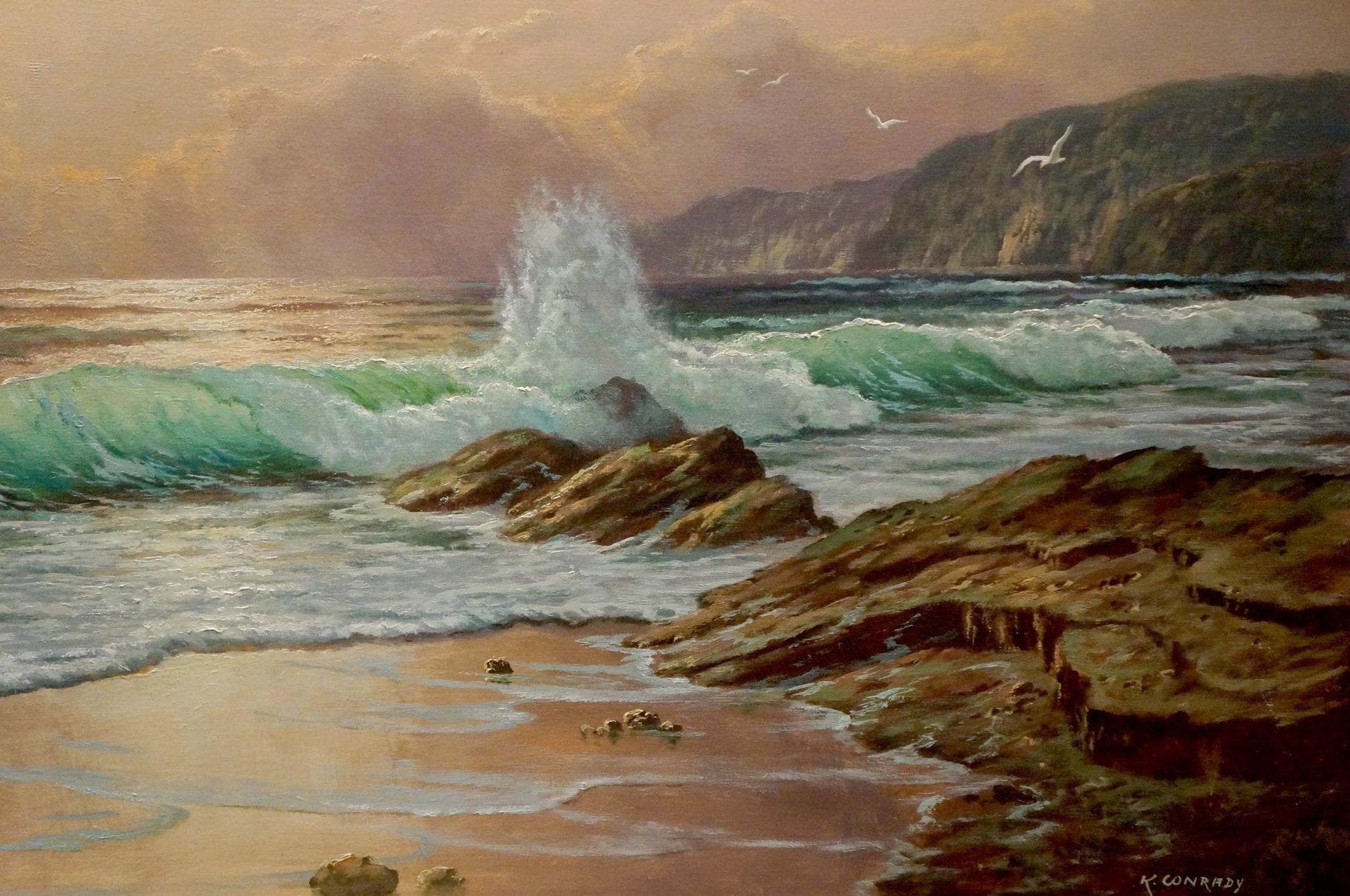 Oil painting of crashing ocean waves on rugged rocks by K. Conradx