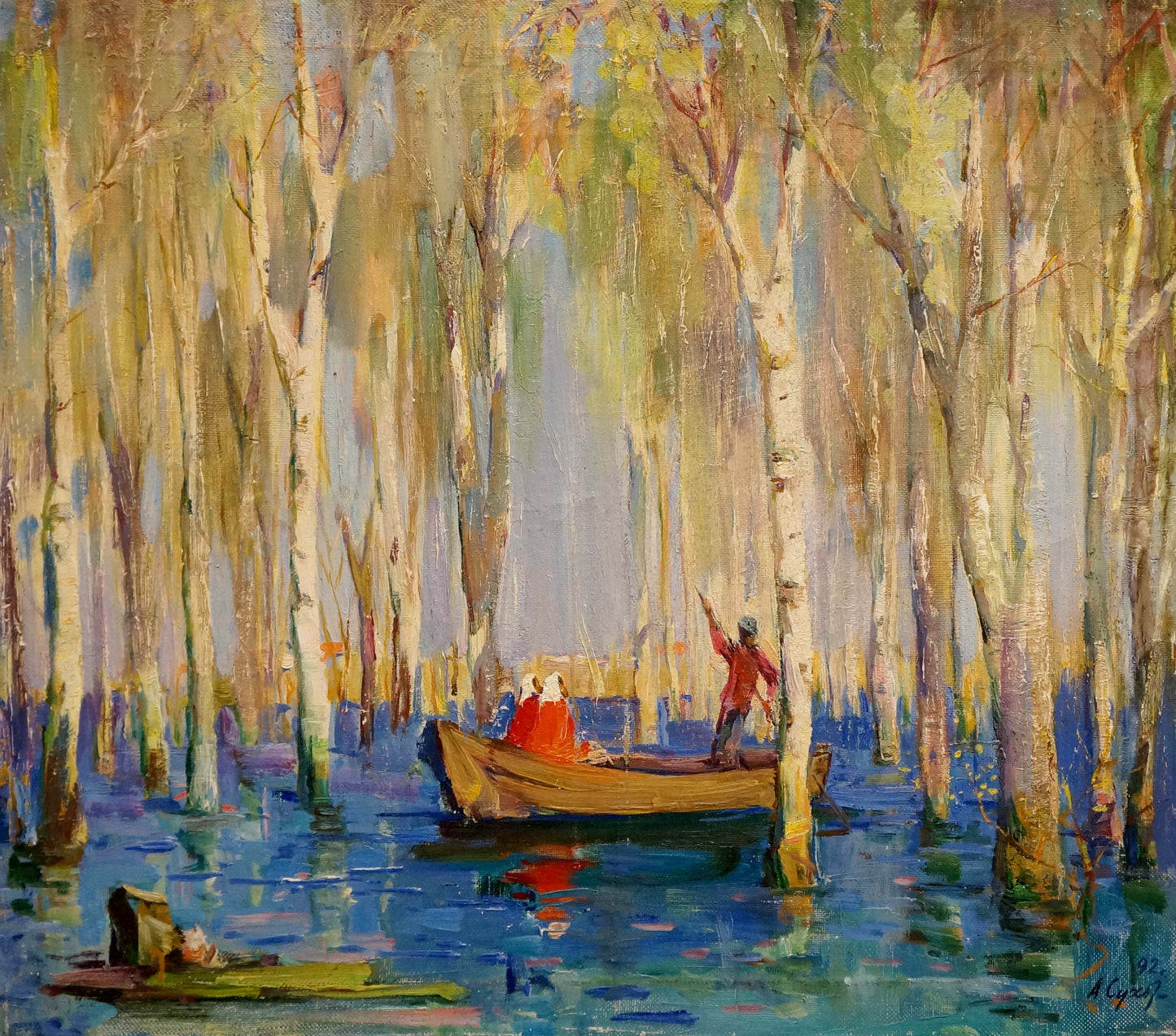 Oil painting by Sukhorukikh Anatoly Ivanovich: rowboat with two people, one in red coat
