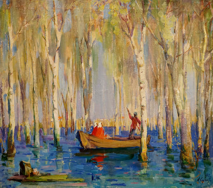 Oil painting by Sukhorukikh Anatoly Ivanovich: rowboat with two people, one in red coat