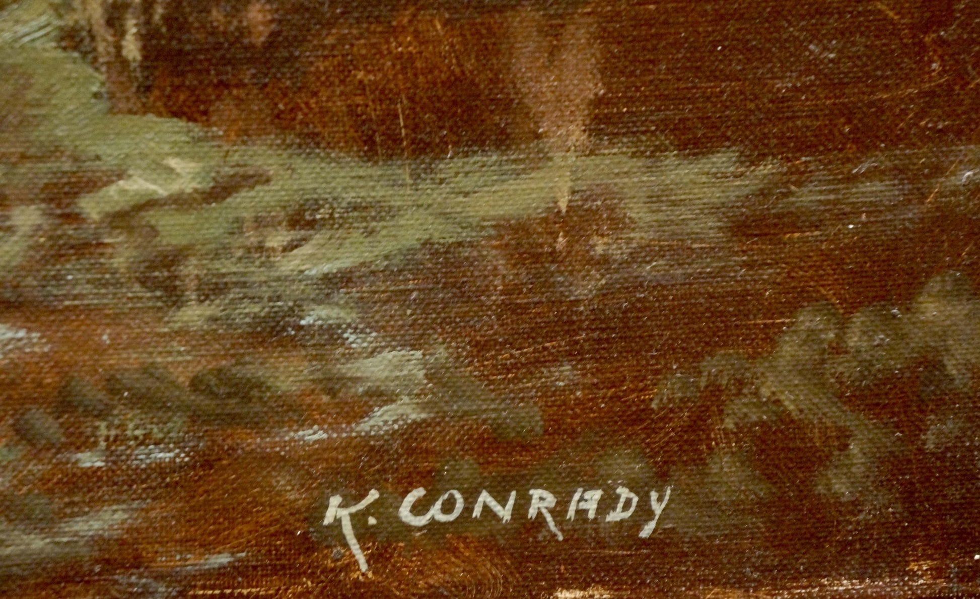 White cursive k. signature on back of K. Conradx oil painting The waves are beating against the shore