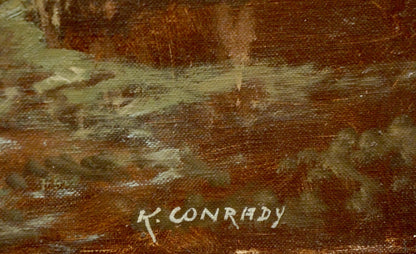 White cursive k. signature on back of K. Conradx oil painting The waves are beating against the shore