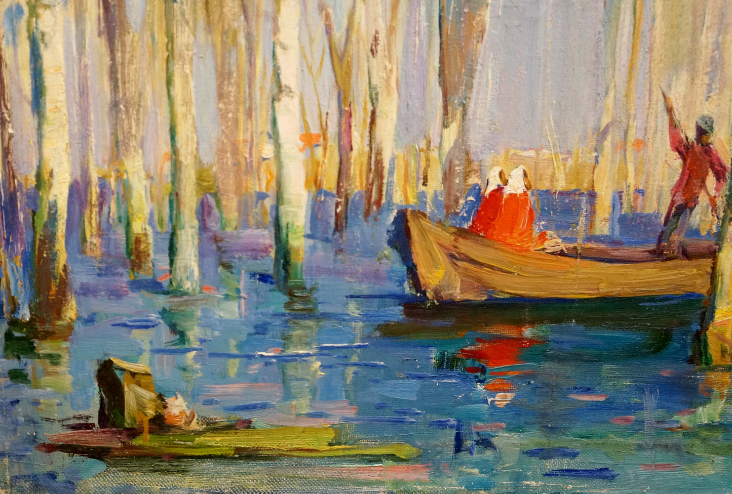 Vibrant impressionist oil painting by Sukhorukikh Anatoly Ivanovich: rowboat on calm water