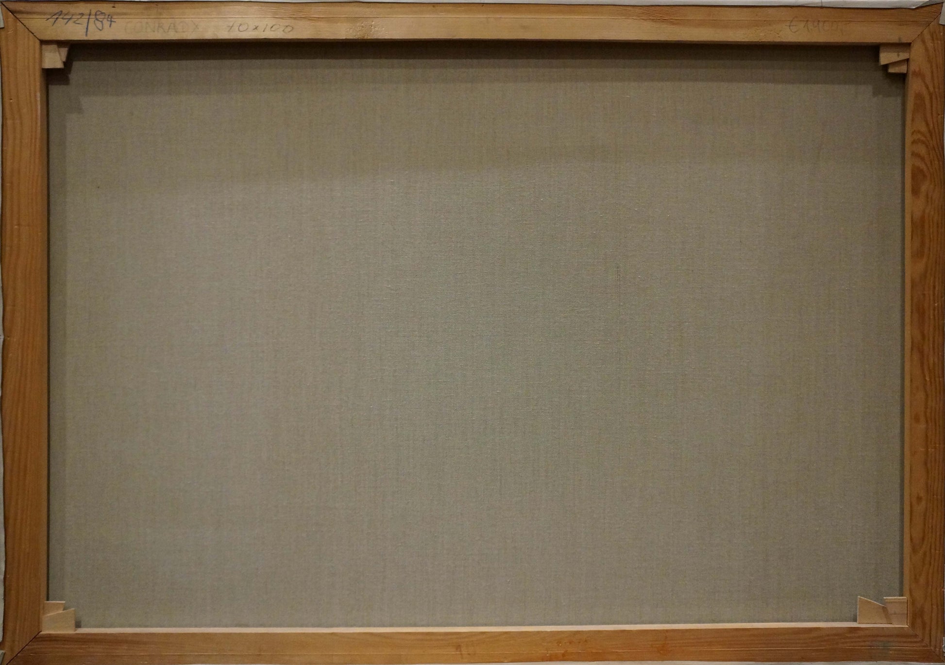 Back of beige canvas oil painting The waves are beating against the shore K. Conradx in wooden frame