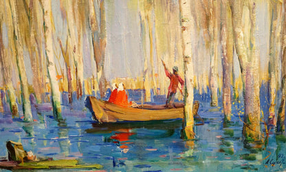 Oil painting by Sukhorukikh Anatoly Ivanovich: rowboat amid birch trees on blue water