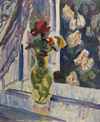 Oil painting by Vyazovsky Lev Vsevolodovich: green vase with red rose blooms