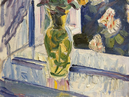 Oil painting by Vyazovsky Lev Vsevolodovich of greenish-yellow vase with flowers