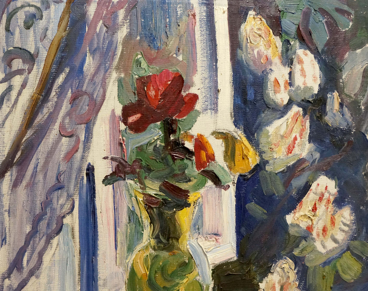 Vibrant red rose in greenish-yellow vase by Vyazovsky Lev Vsevolodovich oil painting