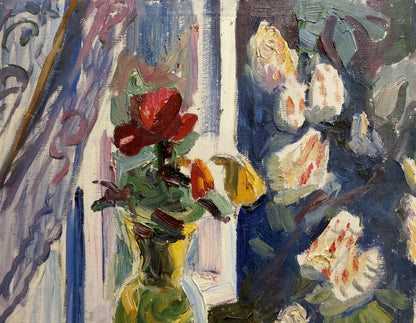 Oil painting Window by Vyazovsky Lev Vsevolodovich: red white roses bouquet