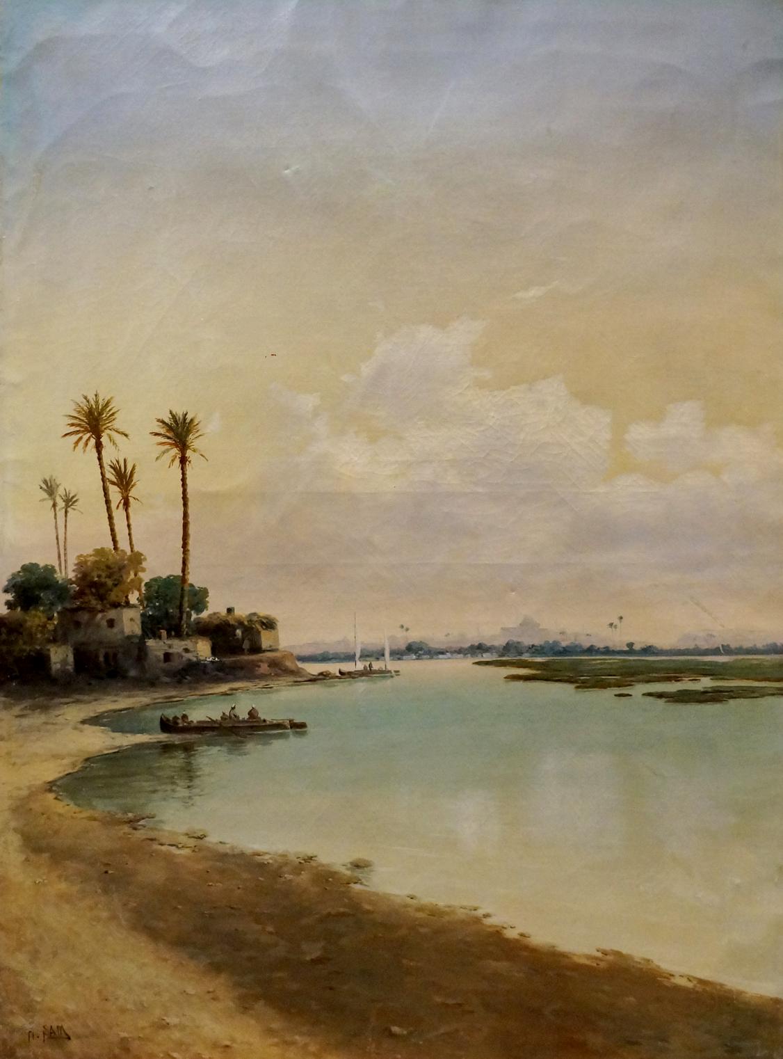Serene oil painting seascape by Hans Sam with palm-lined river