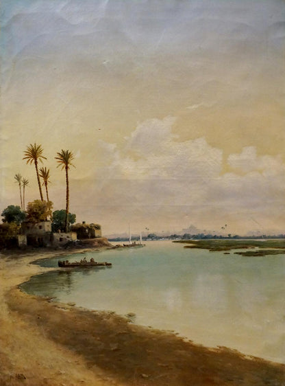 Serene oil painting seascape by Hans Sam with palm-lined river