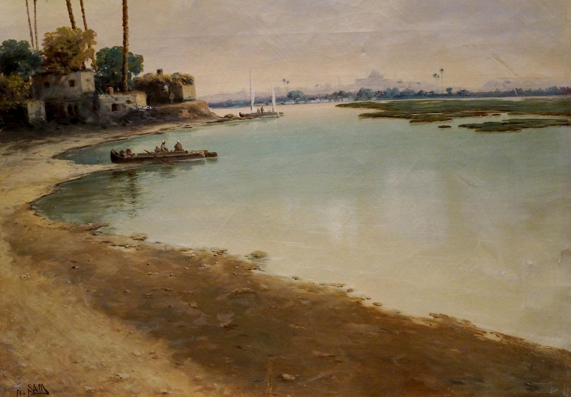 Oil painting Seascape Hans Sam: serene riverbank with calm waters, palms