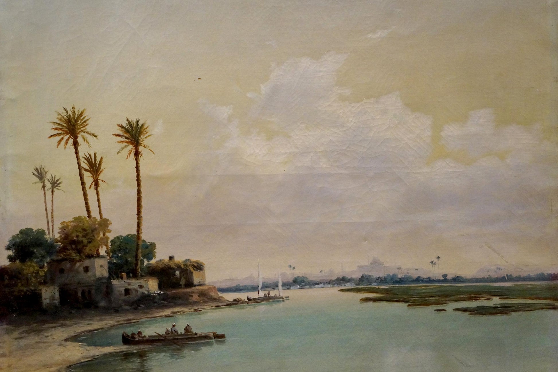 Serene oil painting seascape by Hans Sam: tranquil river with palms and boats