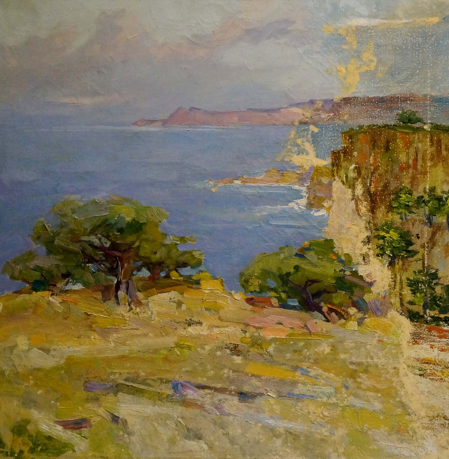 Oil painting by Zaretsky Victor Ivanovich: coastal cliffs, trees, blue water