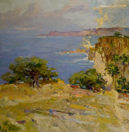 Oil painting by Zaretsky Victor Ivanovich: coastal cliffs, trees, blue water