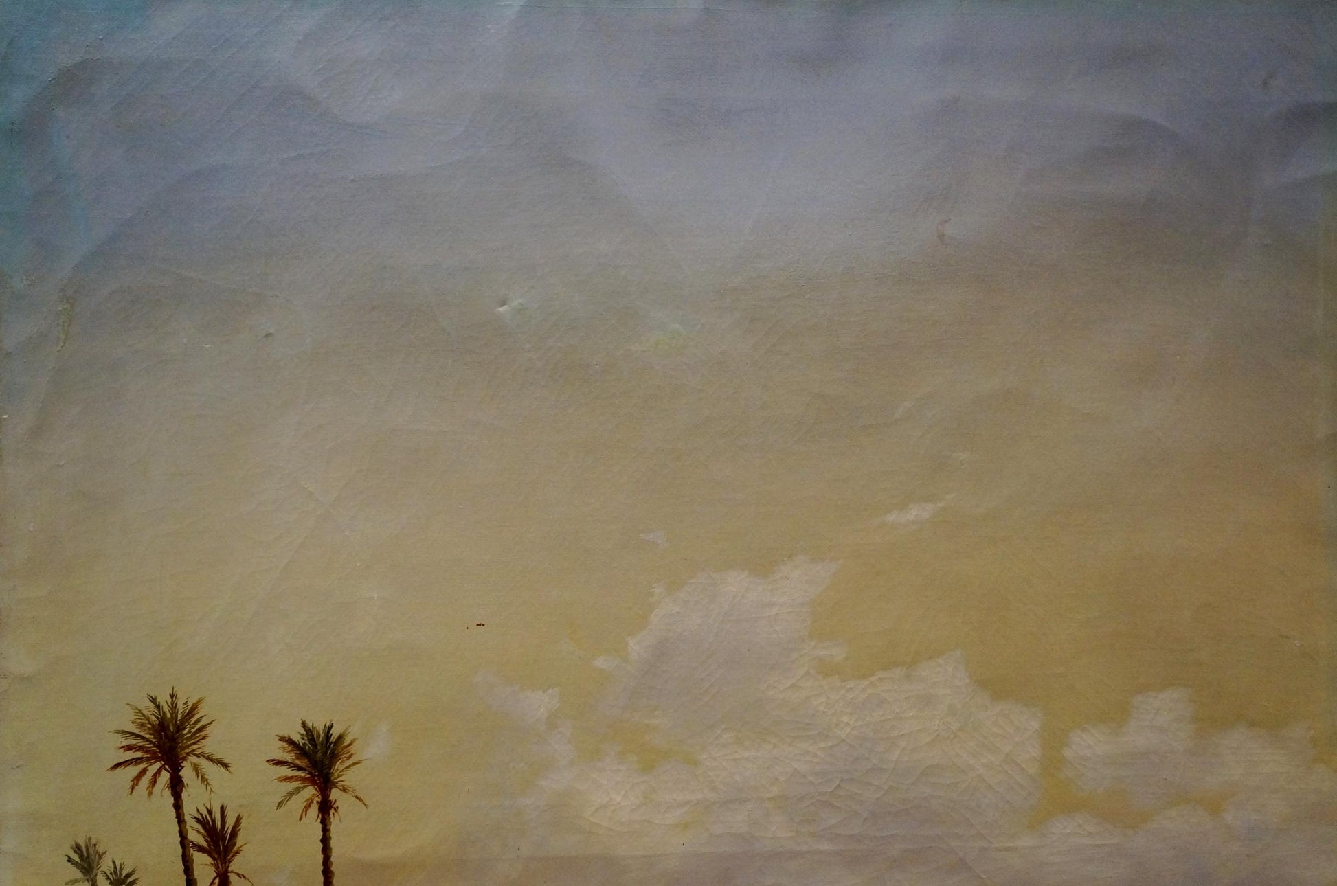 Silhouetted palm trees in Hans Sam oil painting seascape with pale yellow gray-blue sky
