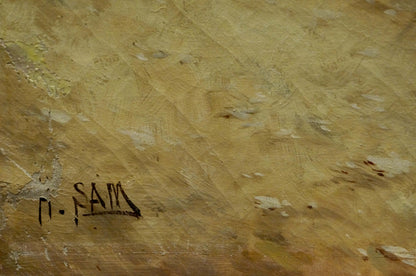 Textured weathered wood back of Oil painting Seascape Hans Sam