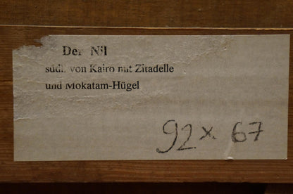Back of Oil painting Seascape Hans Sam label with handwritten measurements