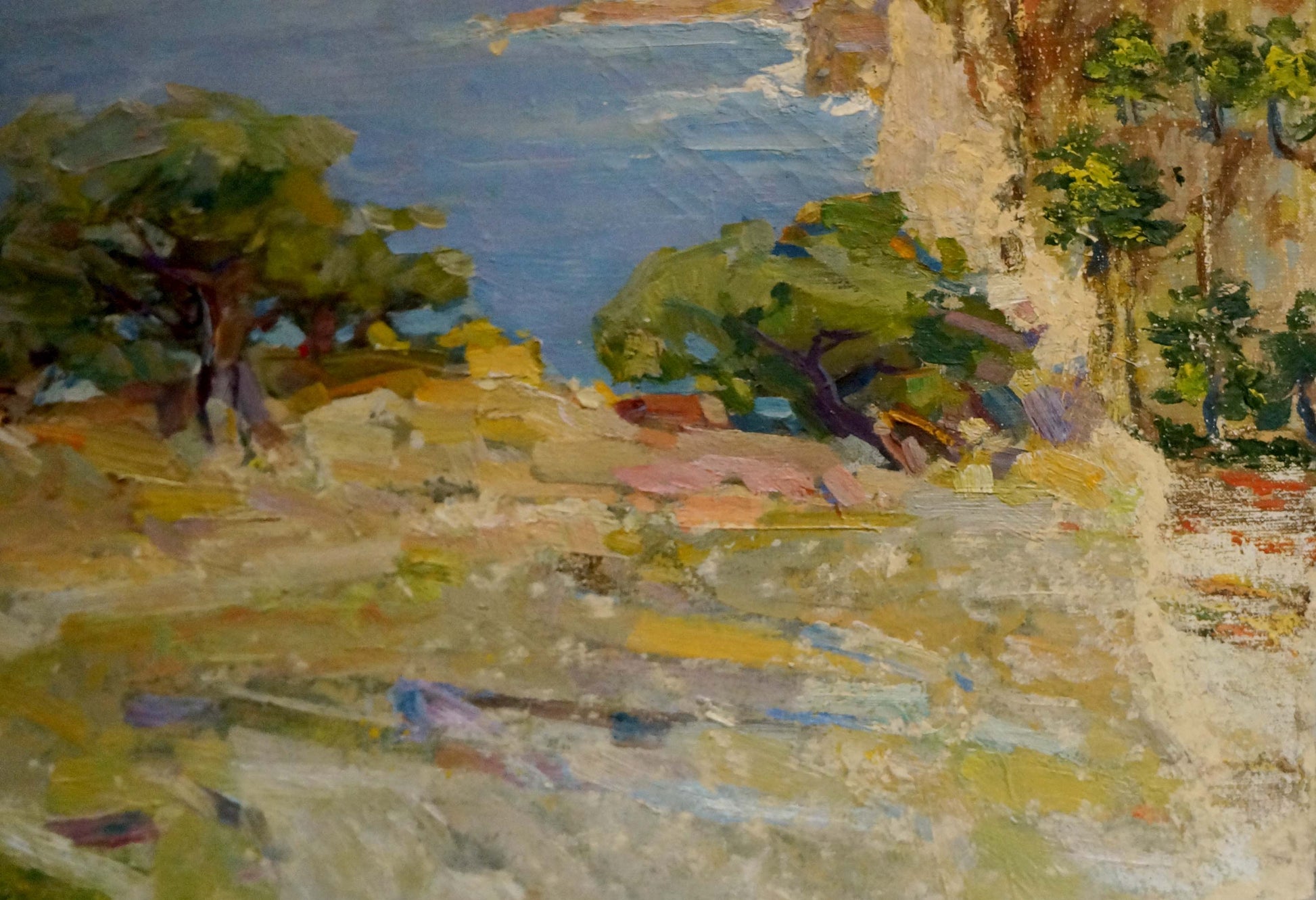 Impressionistic oil landscape by Zaretsky Victor Ivanovich with green trees, blue sea, cliffs