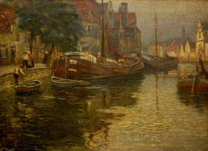 Impressionist oil painting of Karl OLynch von Town city river canal with boats