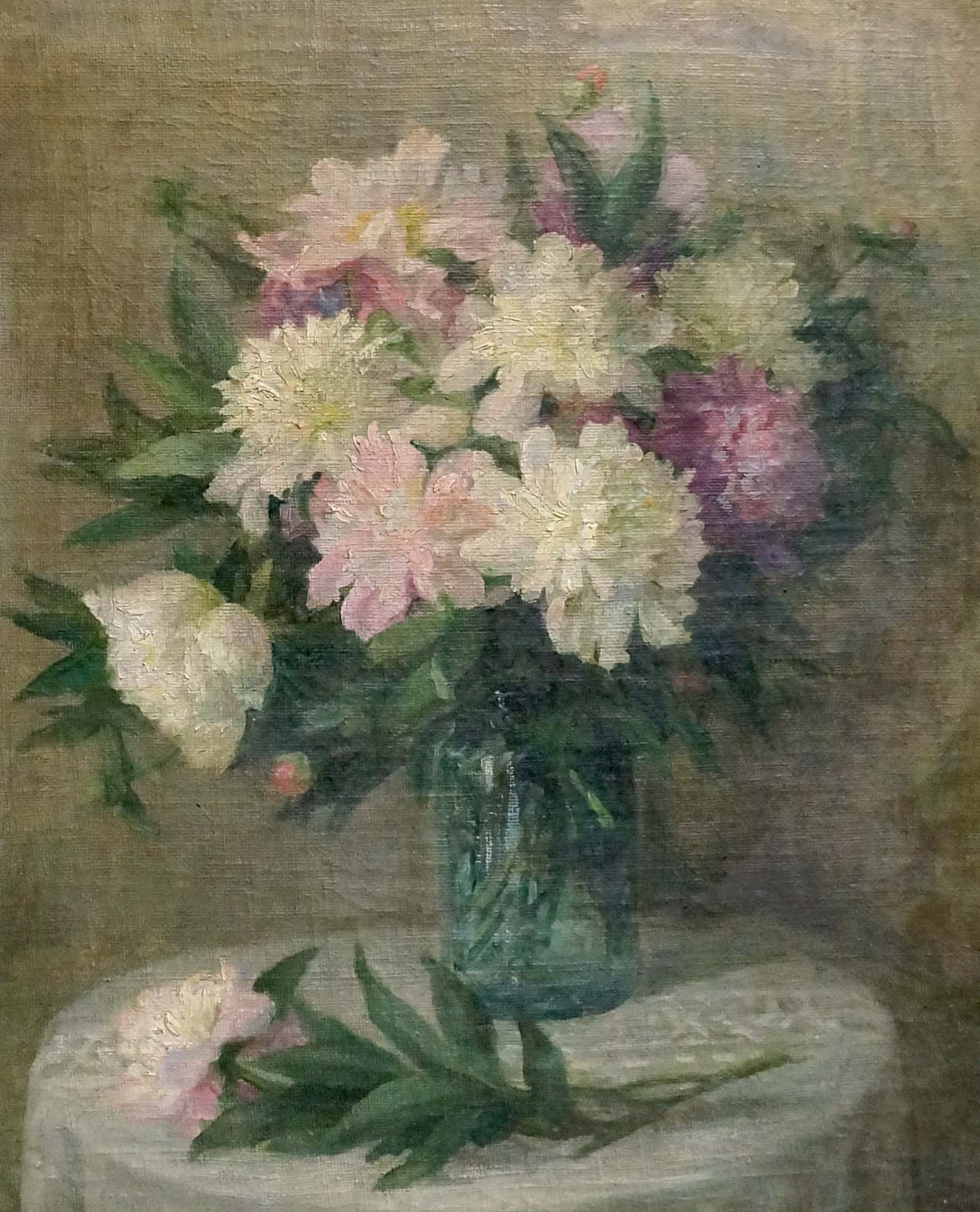 Oil painting of pink, white, lavender peonies in teal vase by unknown artist