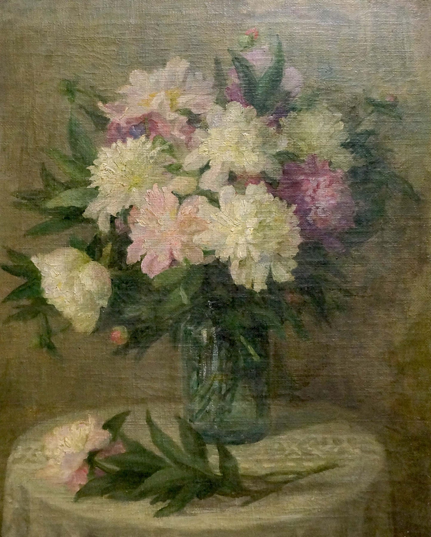Oil painting of soft pink and white peonies in glass vase