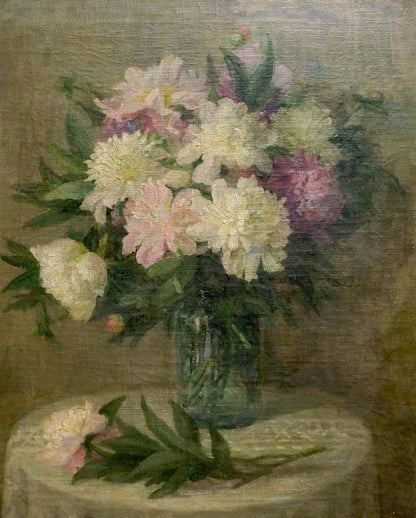 Oil painting of soft pink and white peonies in glass vase