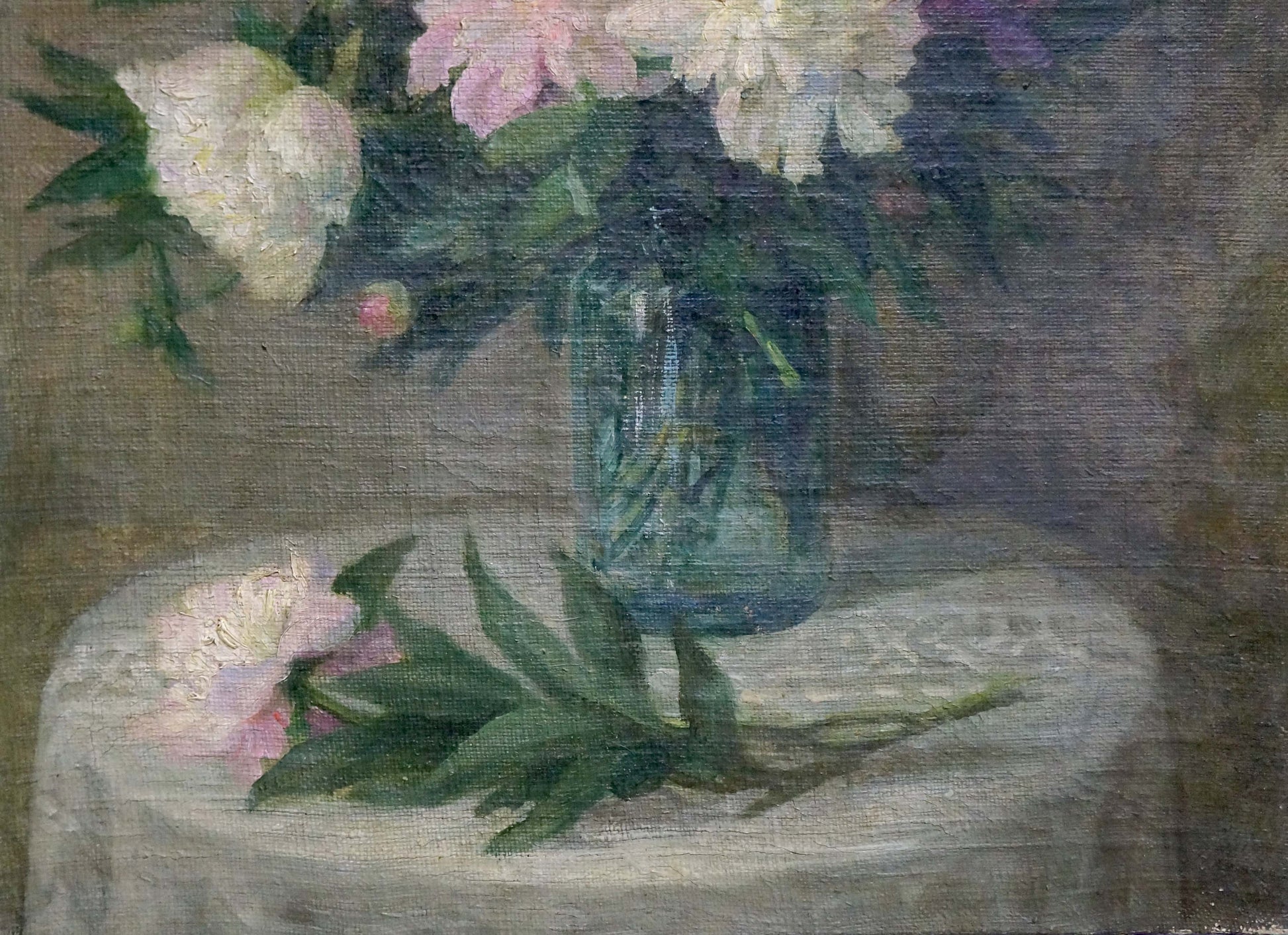 Oil painting of white and pink peonies in teal glass jar by unknown artist