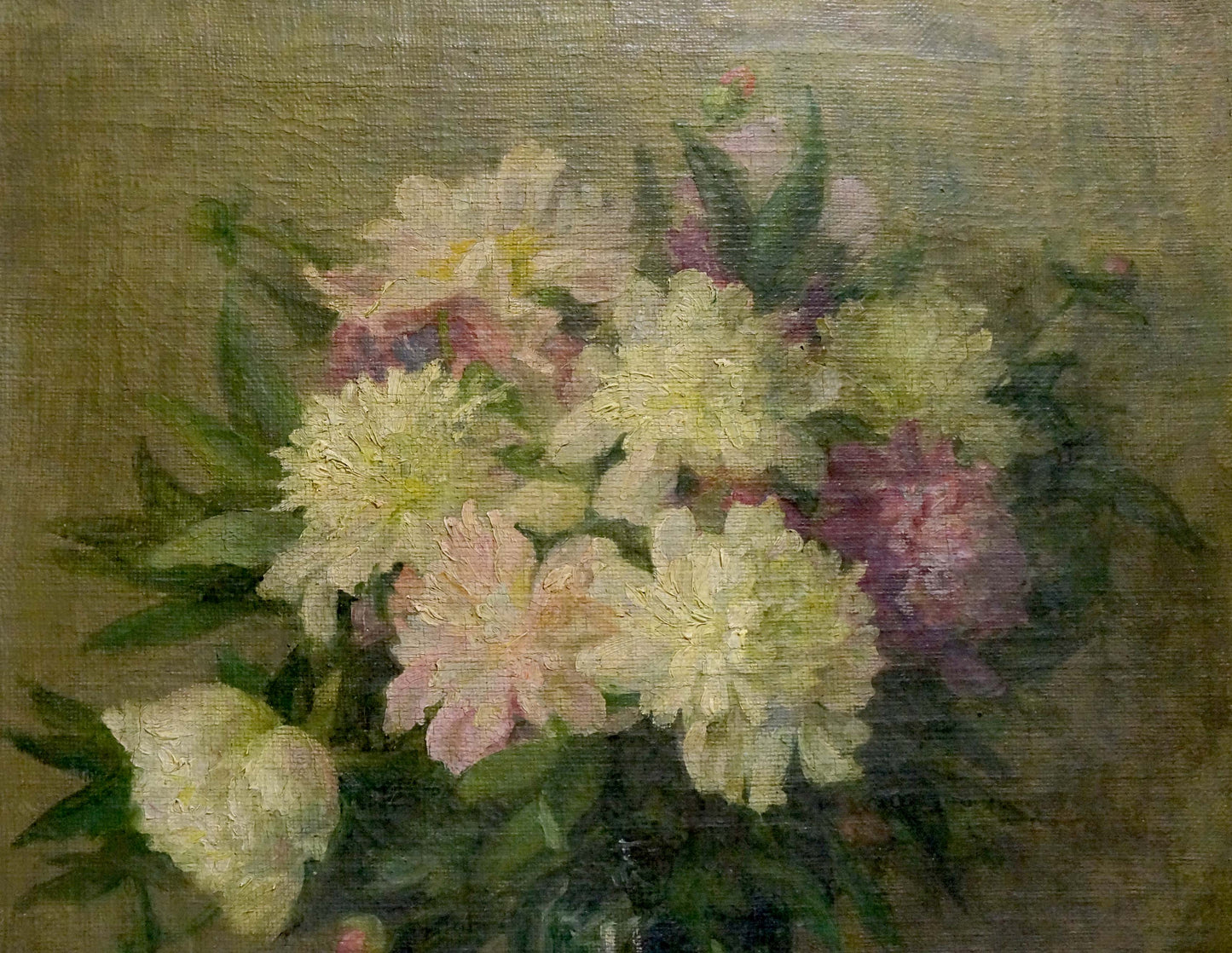Oil painting of white and purple peonies by unknown artist