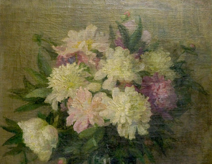 Oil painting of white and purple peonies by unknown artist