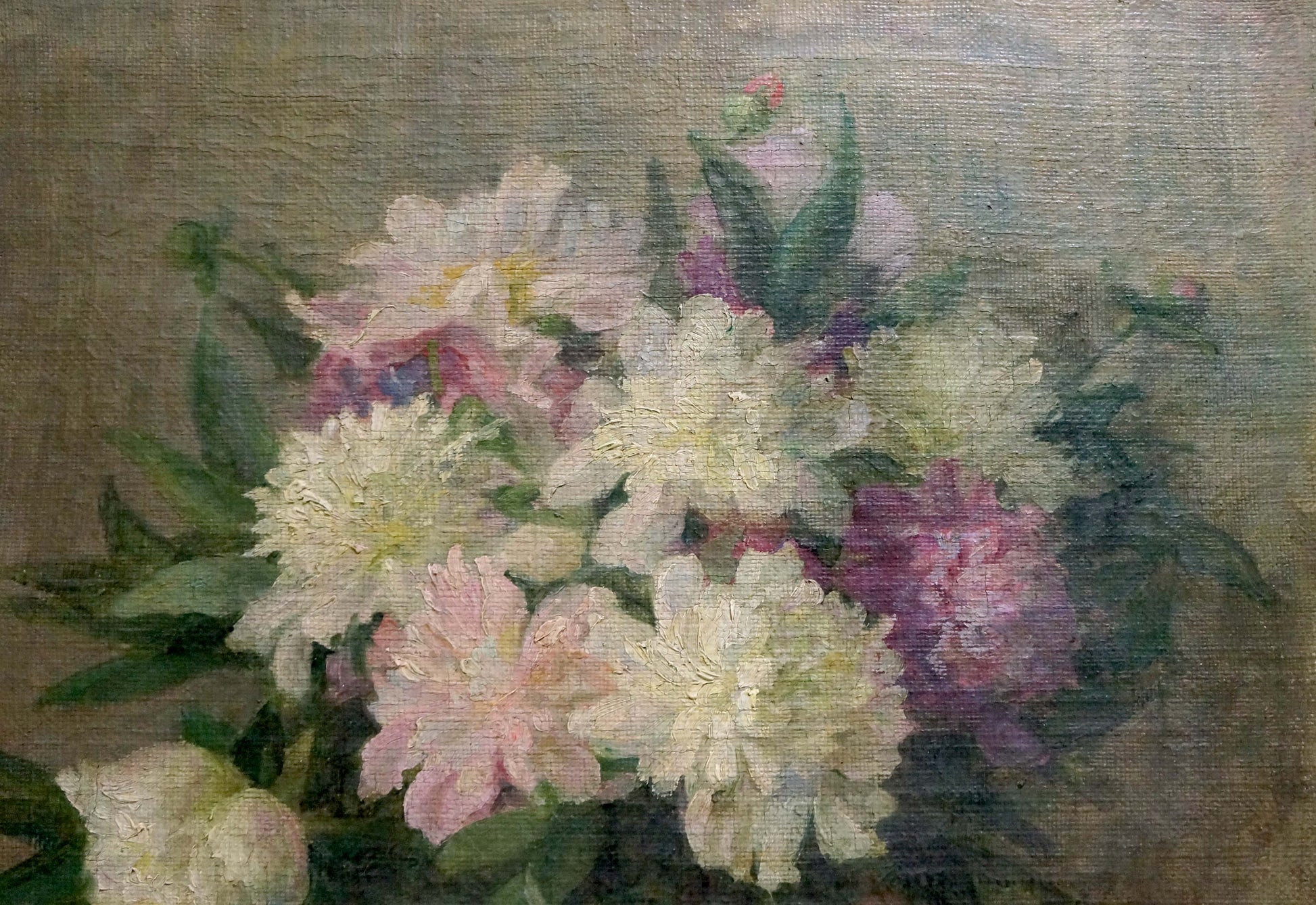 Soft-focus oil painting of white, pink, purple peonies by unknown artist