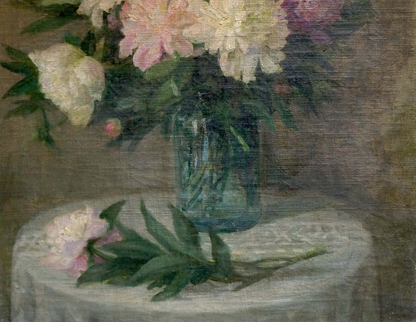 Oil painting of translucent teal glass vase with pink and white peonies