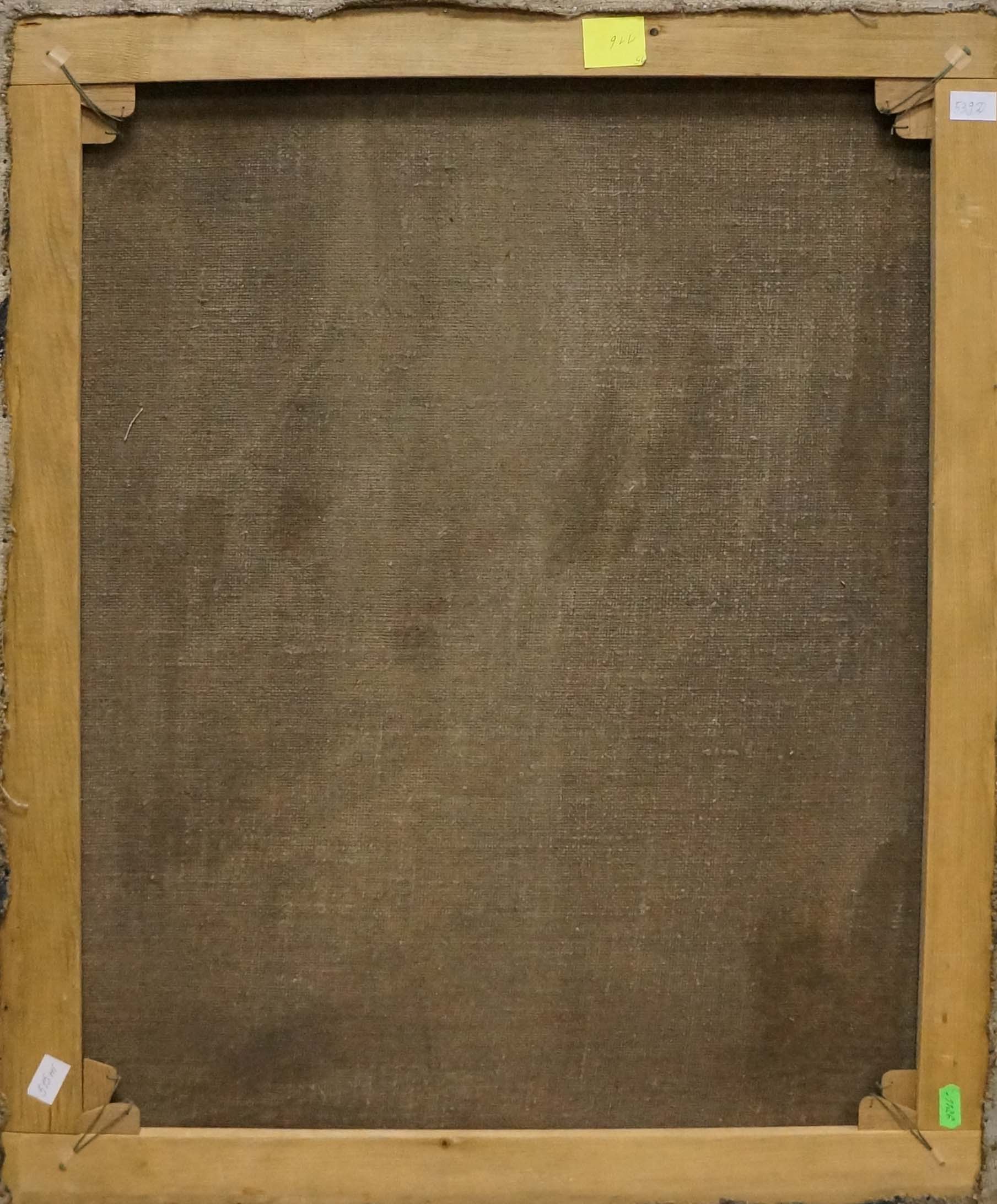Back of oil painting White and purple flowers on wooden-framed canvas with textured brown backing