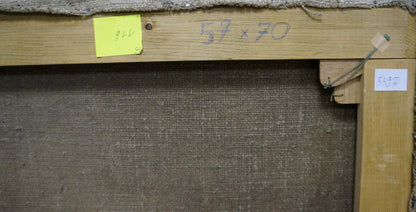 Back of wooden-framed oil painting with beige linen backing and dimensions marked