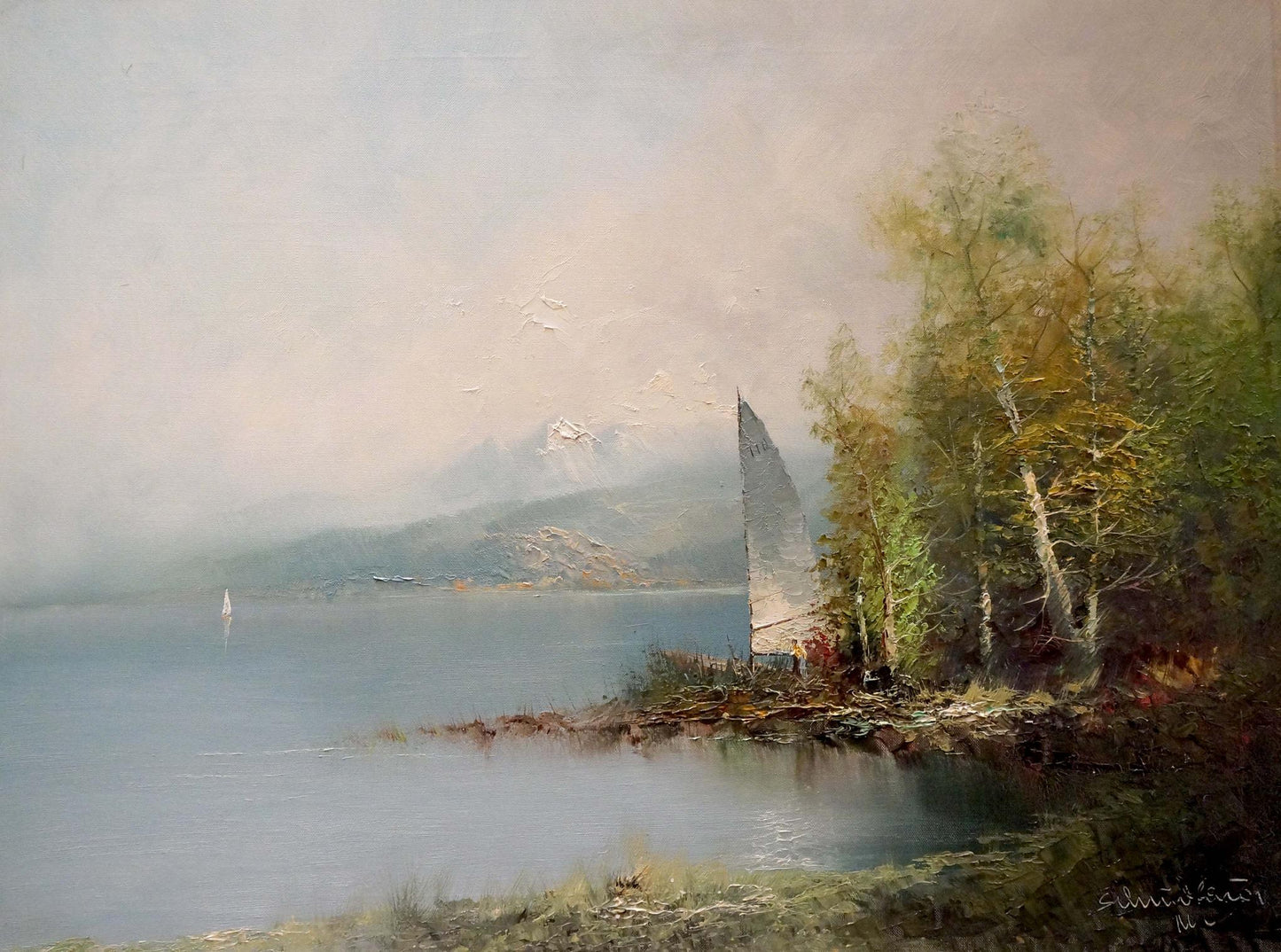 Serene oil painting of sailboat on calm shore by H. Schumacher