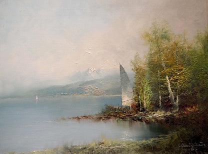 Serene oil painting of sailboat on calm shore by H. Schumacher