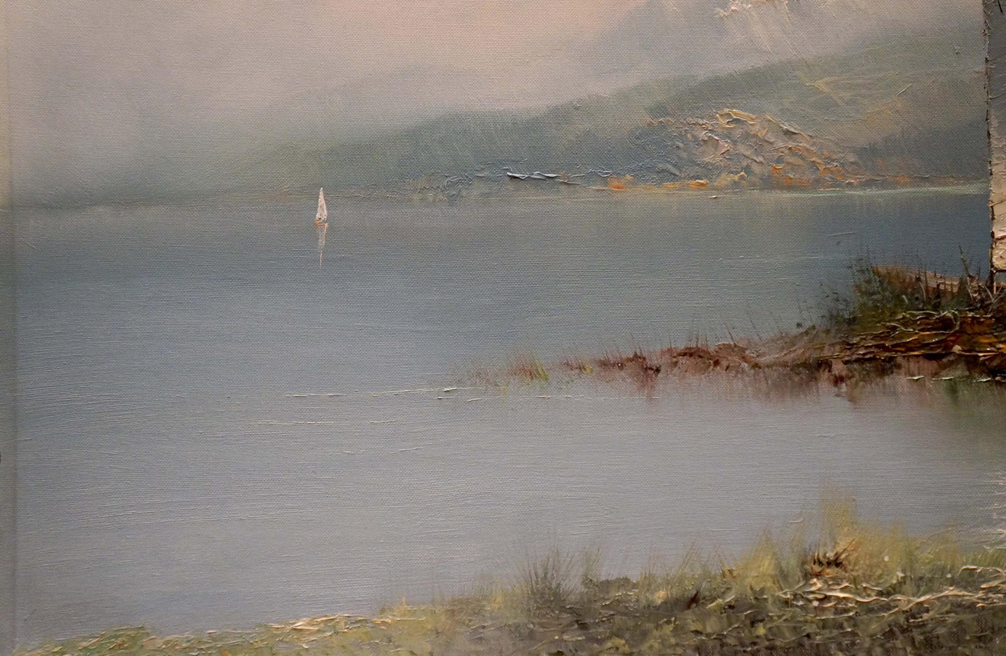 Serene oil painting by H. Schumacher: misty lake shore with sailboat