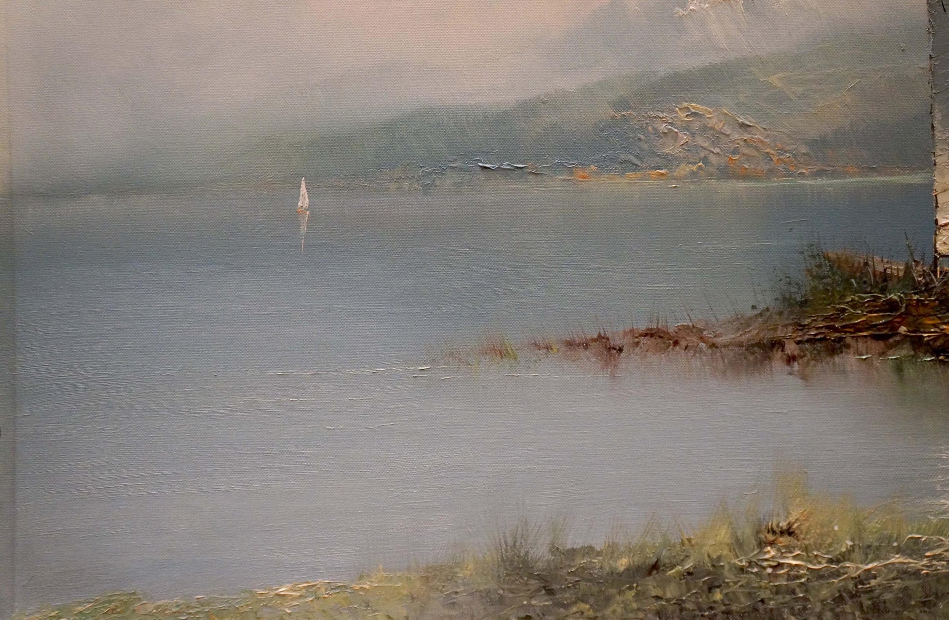 Serene oil painting by H. Schumacher: misty lake shore with sailboat