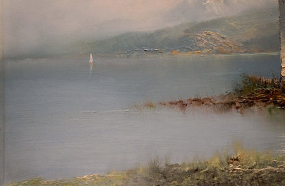 Serene oil painting by H. Schumacher: misty lake shore with sailboat