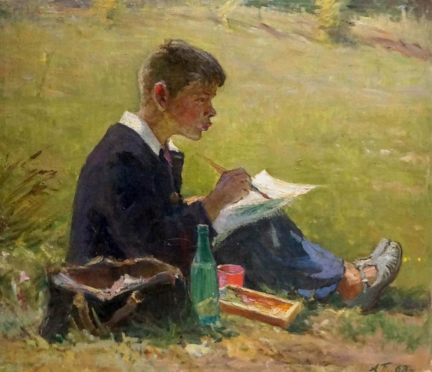 Oil painting In the park by Pevlotsky Leonid: boy sketching outdoors
