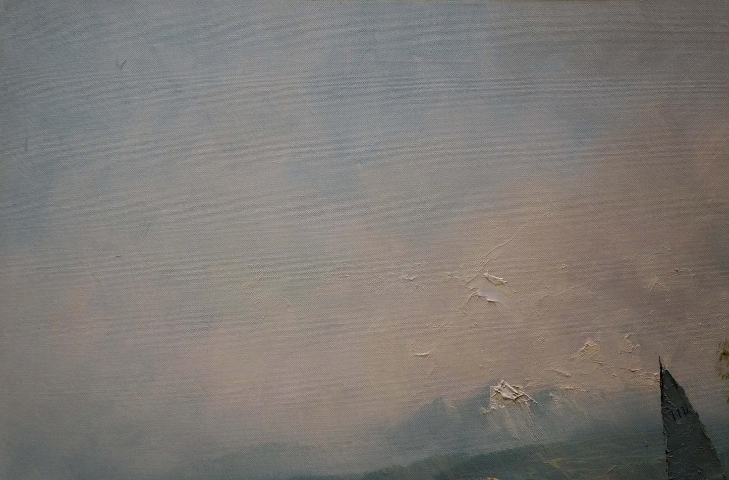 Oil painting of shore landscape mountain range by H. Schumacher