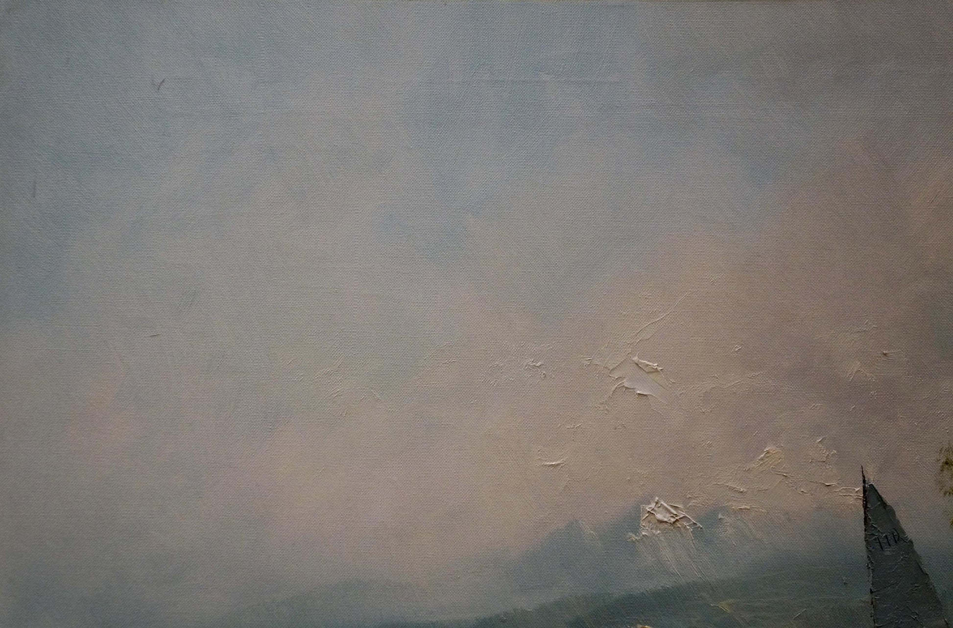 Oil painting of shore landscape mountain range by H. Schumacher