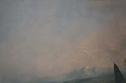 Oil painting of shore landscape mountain range by H. Schumacher