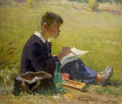 Oil painting by Pevlotsky Leonid: boy in suit sketching in park