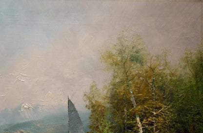 Oil painting Shore landscape by H. Schumacher: misty spire amid trees
