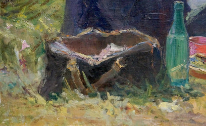 Weathered wooden bowl and green bottle in Leonid Pevlotsky park oil painting