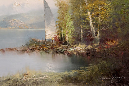 Oil painting by H. Schumacher: white sailboat on rocky shore landscape