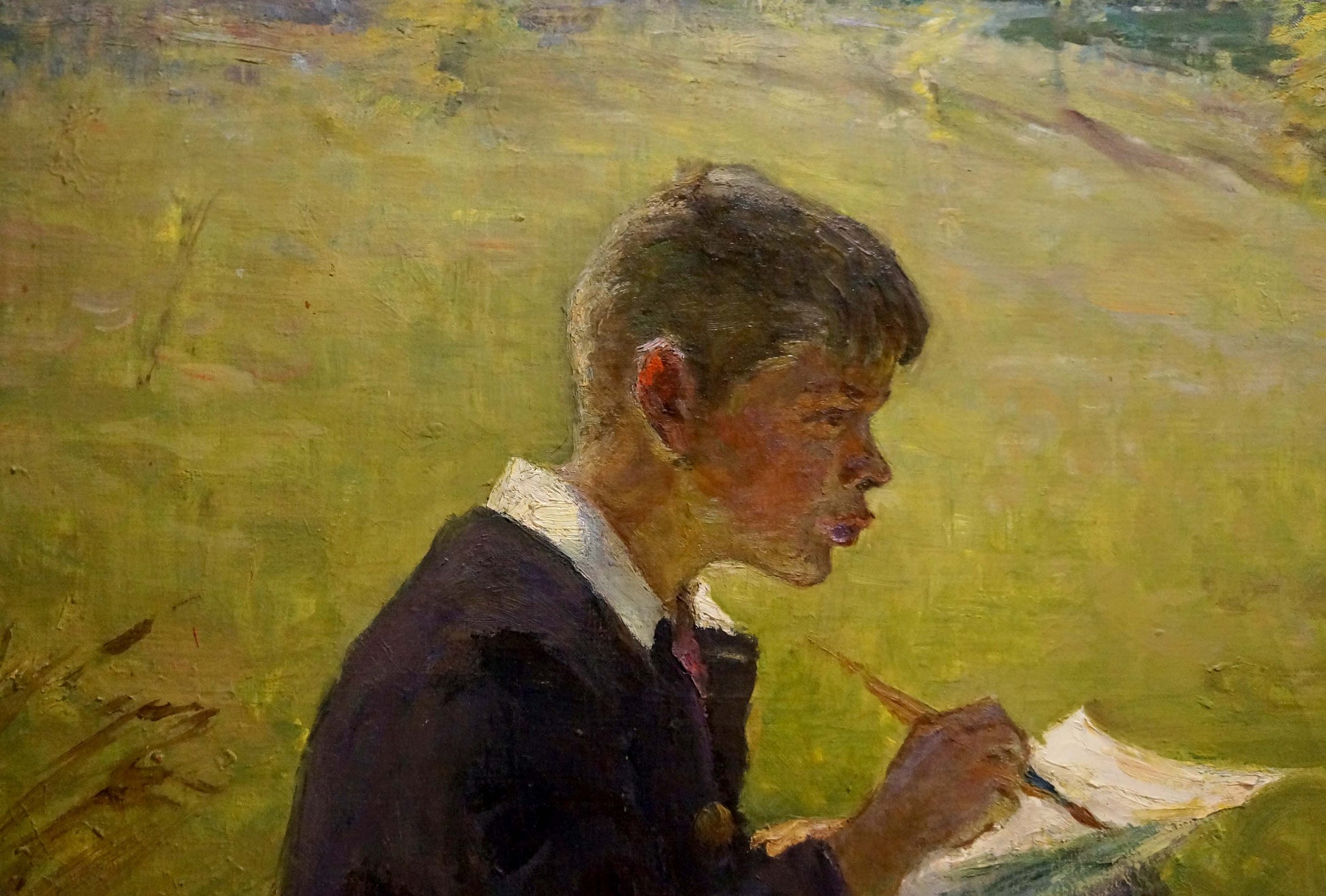 Oil painting by Pevlotsky Leonid: boy in suit sketching in park